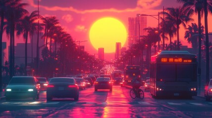 Sunset traffic jam in a vibrant city street with palm trees