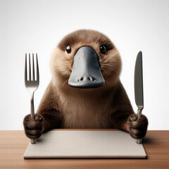 Platypus poised at table, gripping cutlery with intent, realistic wildlife dining scene