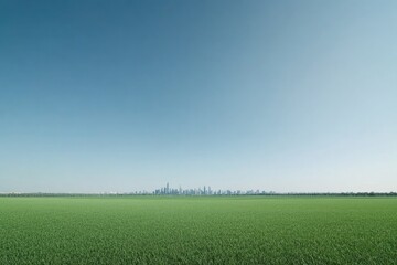 Fototapeta premium tranquil rural landscape with green fields juxtaposed against distant urban skyline under clear blue sky showcasing