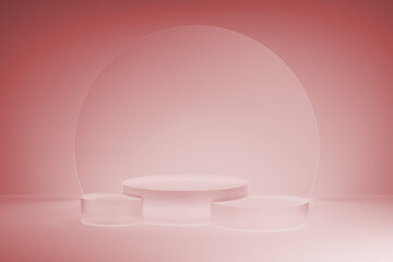 3D realistic podium background - set of three frosted transparent glass cylindrical pedestals on light pink, white. Shining disk, mockup, 3d rendering. Stage for placement product, showcase platform.