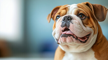 Fototapeta premium Joyful bulldog smiling during a veterinary examination illustrating the importance of regular health checks for common dog diseases.