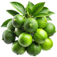 Bunch of Fresh Green Limes with Leaves - PNG Transparent - High-resolution PNG image featuring a bunch of fresh green limes attached to their stems with lush green leaves, isolated on a transparent 