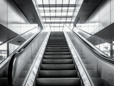 The escalator is a prominent feature in the modern architectural style of this public transportation hub, showcasing metallic sheen and contemporary design.