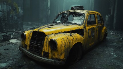 Abandoned yellow taxi in a ruined building