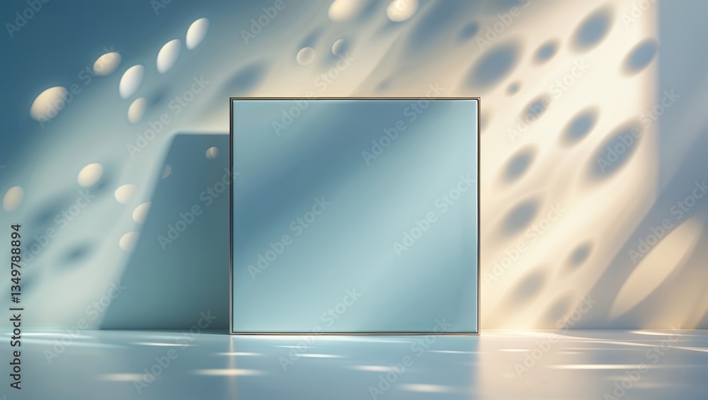 Poster reflections in a serene setting with soft light and gentle shadows highlighting a square mirror