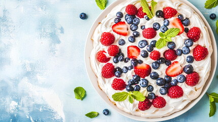 Refreshing Pavlova on White Plate with Berry and Mint Garnish