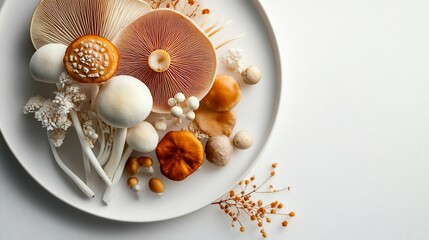 Elegant Mushroom Assortment Displayed on a Minimalist White Plate Composition