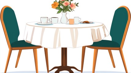 Empty cafe table with flowers and breakfast set illustration