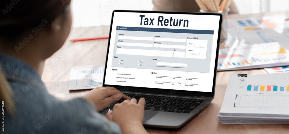 Aufkleber Online tax return form for submitting individual income tax return form brisk on the internet website. Government web for tax payment and return. Taxation technology concept.