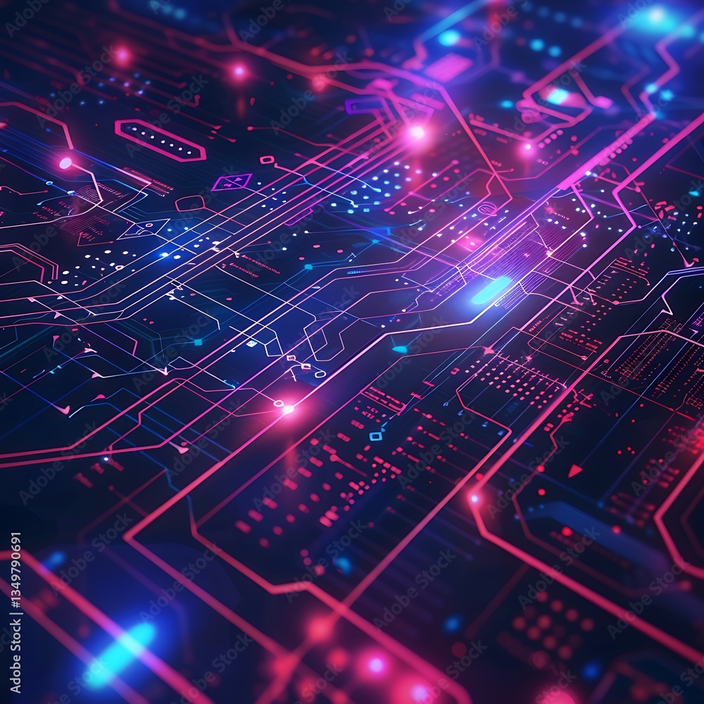 Poster close-up perspective view of a futuristic electronic circuit board with intricate glowing neon pathw