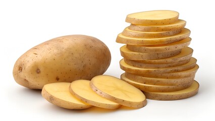 The image shows a whole potato and a stack of sliced potatoes arranged on a white background