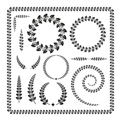 Set of 4 black and white decorative ethnic frames and borders of olive laurel branches with large leaves. Design elements for certificates, books, labels, stickers, champion awards