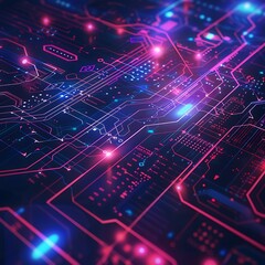 Obraz premium Close-up perspective view of a futuristic electronic circuit board with intricate glowing neon pathways in pink and blue. Represents technology, data processing, AI.