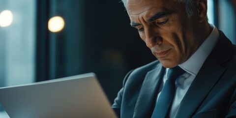 Man in suit focused on paperwork, deep concentration, corporate environment