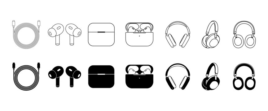 Minimalist vector icons of charging cables, earbuds, cases, and headphones in outline and solid styles, offering a sleek, monochrome representation of modern audio accessories.