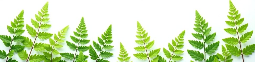 Fototapeta premium Delicate fern fronds scattered on a pure white background, nature, organic, white space