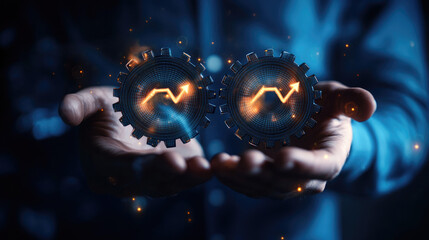 A businessman holding two interlocking gears with glowing arrows pointing upward, representing efficiency and optimization in business processes. 