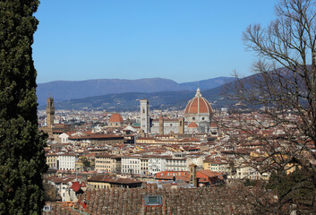 Obraz premium view of florence city seen between two trees and hills in background