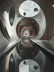 Concrete and glass train tunnel with futuristic design elements.