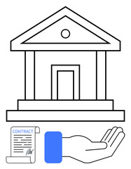 Bank building symbol with a scroll-thumbs up contract and an open hand gesture representing trust, agreements, and services. Ideal for finance, loans, banking, law, partnership trust security. Flat