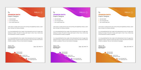 Letterhead design sets for corporate business.  Multi colour 3 sets letterhead template design for company.