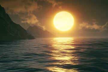 A serene nighttime scene of a sunset over a vast ocean, with a mountain range silhouetted in the background under a cloudy sky.
