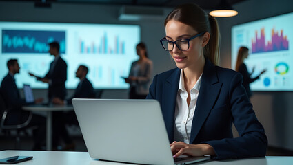 Fototapeta premium Focused Young Woman Working on Laptop in a Modern, Sunlit Office