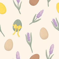 Easter seamless pattern. Painted eggs and lilac flowers on a beige background. Watercolor style