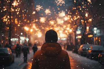 Dreamy Winter Night with a Person Admiring Sparkling Fireworks in Festive Holiday Atmosphere, Generative AI