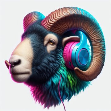 Stylized Ram Portrait with Neon Headphones for Music Concept Illustration