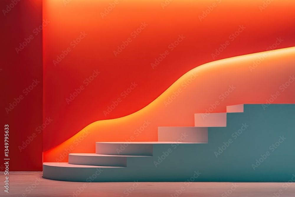 Poster vibrant podium with bright fluorescent colors and irregular forms dramatically lit to create artisti