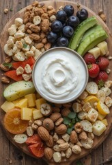 A wooden tray with a variety of healthy foods: cubes of cheese or tofu, strawberries, blueberries, kiwis, almonds, orange slices and yogurt. The perfect snack for a light meal.