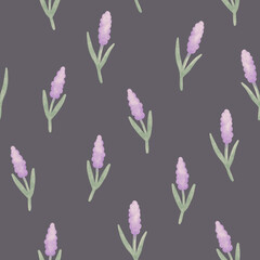 Spring floral seamless pattern. Watercolor lilac flowers on a dark background, minimalist style. 