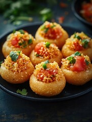 Fried plantain slices with guacamole, peppers, and chili flakes.