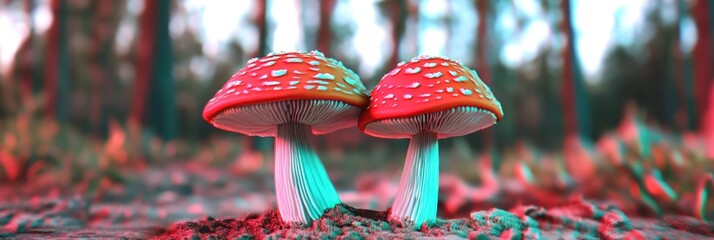 Two vibrant red and orange mushrooms in a forest