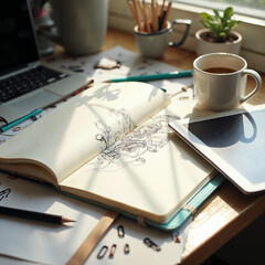 Creative workspace with open sketchbook, pencil doodles, and iPad stylus
