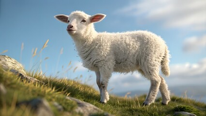 A charming 3D cartoon rendering of a young lamb