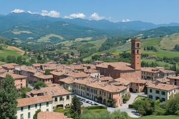 Fototapeta premium Panoramic View of Italian Village Nestled in Rolling Hills and Mountains