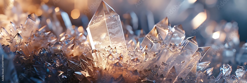 Poster macro close-up of a luminous clear crystal cluster with sharp points, reflecting warm light with sof