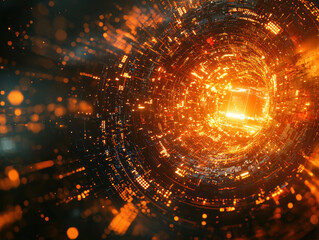 Fototapeta premium Futuristic quantum computer unlocking potential with swirling energy and floating fragments representing cyber security threats
