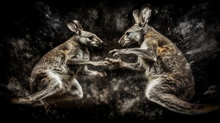 Fototapeta premium Two male Agile Wallabies engaged fierce boxing match their powerful hind leg kicking up dust they spar dominance muscle tensed expression intense image capture raw power energy of fight blurred dust