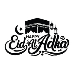 Obraz premium Happy Eid al-Adha greeting card with Kaaba, moon, and lanterns with white background