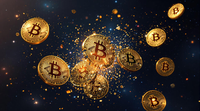 Moedas Bitcoin douradas flutuando no espa&ccedil;o com fragmentos brilhantes, representando tecnologia, criptomoeda e inova&ccedil;&atilde;o em um cen&aacute;rio din&acirc;mico e futurista.