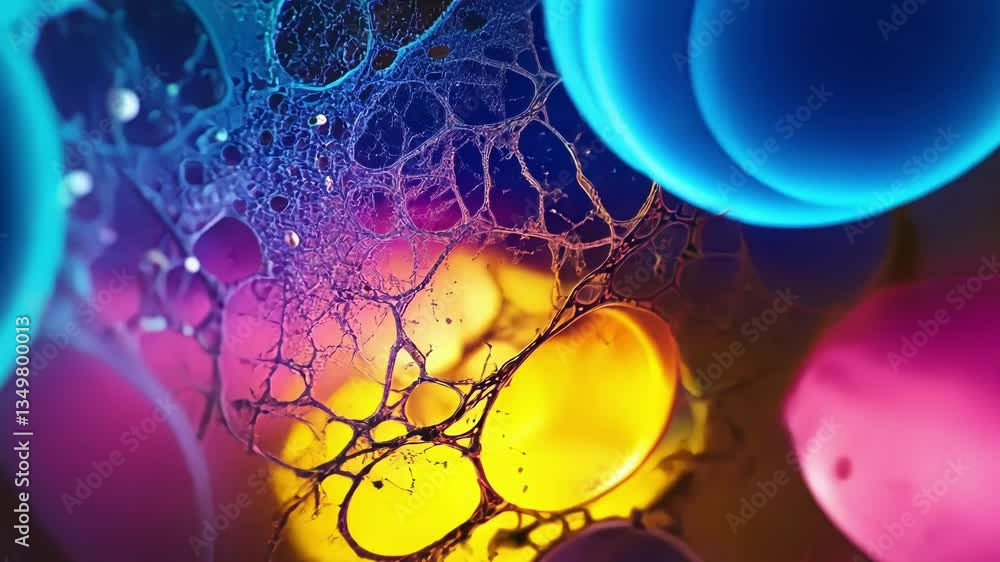Poster abstract depiction of colorful cellular structures, showcasing intricate patterns with vivid hues of