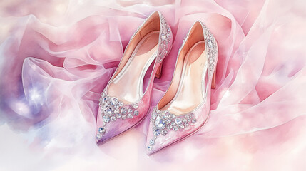 Watercolor illustration of sparkling pink bridal heels