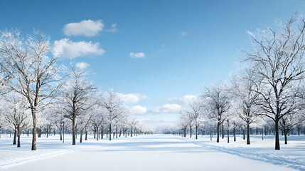 Fototapeta premium Snowy Winter Trees Along Path In Park