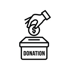 Donation Box Icon with Hand Holding Dollar Coin - Charity and Fundraising Symbol, Donation Box Icon, vector