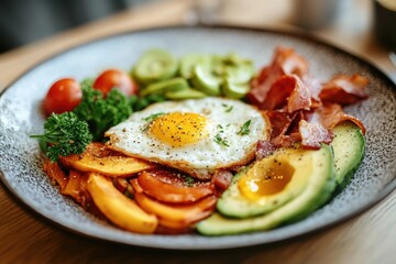A hearty breakfast plate with eggs, bacon, avocado, tomato and broccoli.