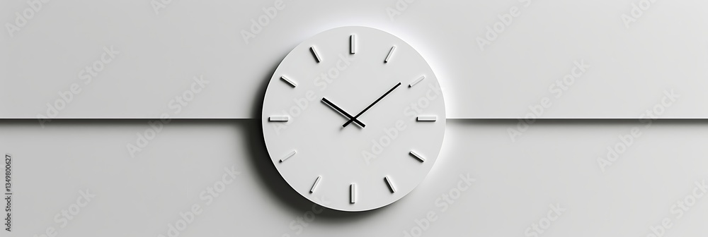 Poster minimalist white analog clock centered on a textured white wall with a dividing line. clean, modern 