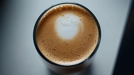 Elevated top-down view presenting a foamy latte inside a clear glass